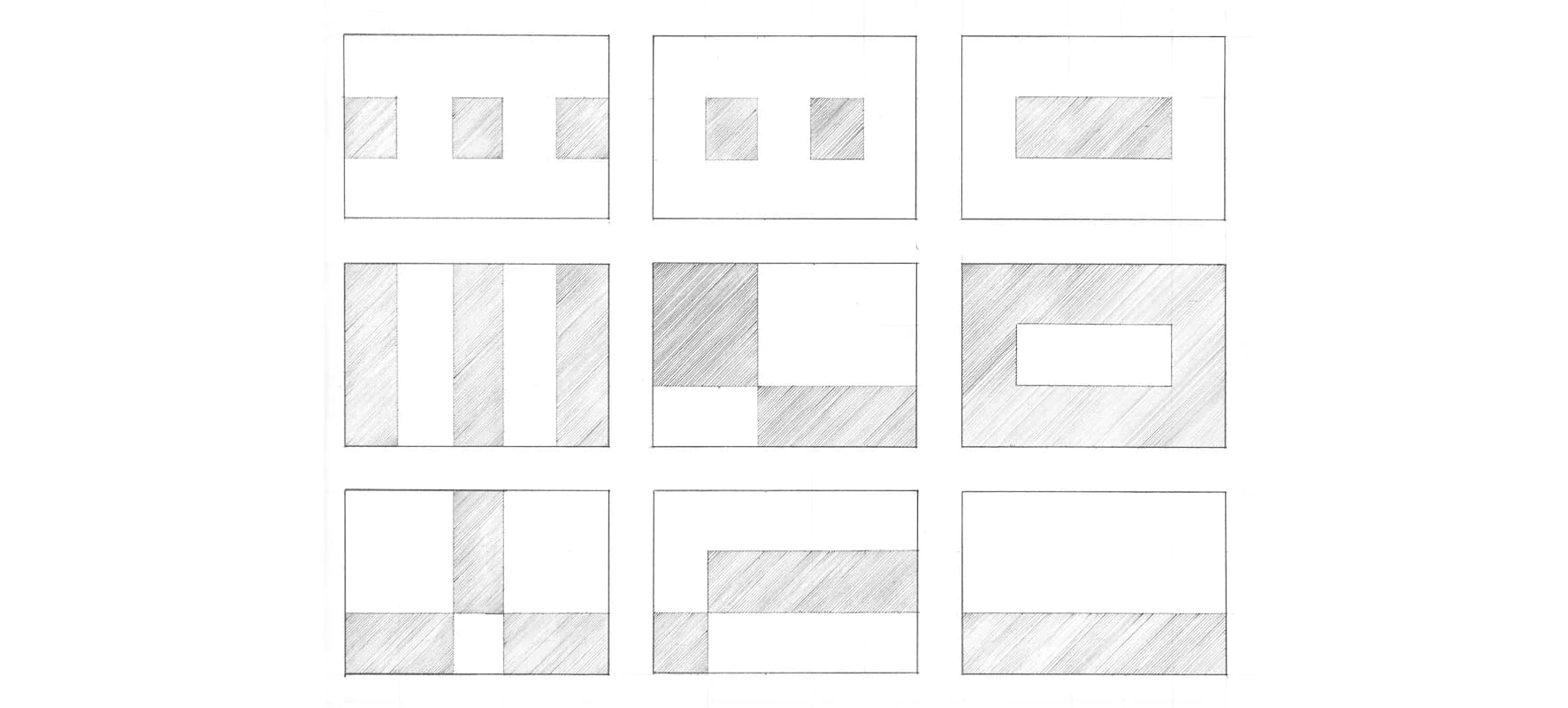 Nine architectural floor plans or diagrams with varying spatial arrangements and shaded areas, likely design studies or project variations by Paul Morimoto.