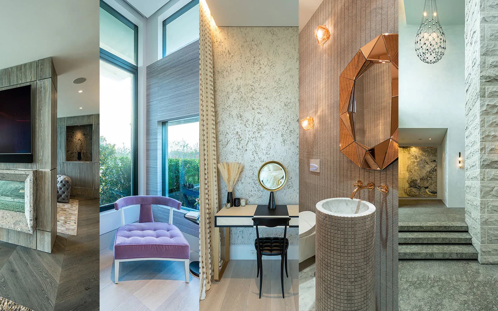 Four modern interior spaces featuring luxury finishes: living area with pink seating, bedroom vanity, spa bathroom with round mirror, and marble staircase by Penny Hutner.
