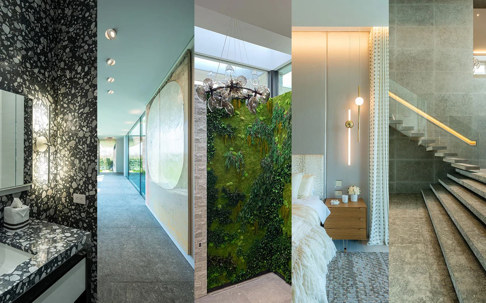 Luxury residential interiors featuring marble bathrooms, green living walls, minimalist staircases, and spa-like finishes by Penny Hutner.