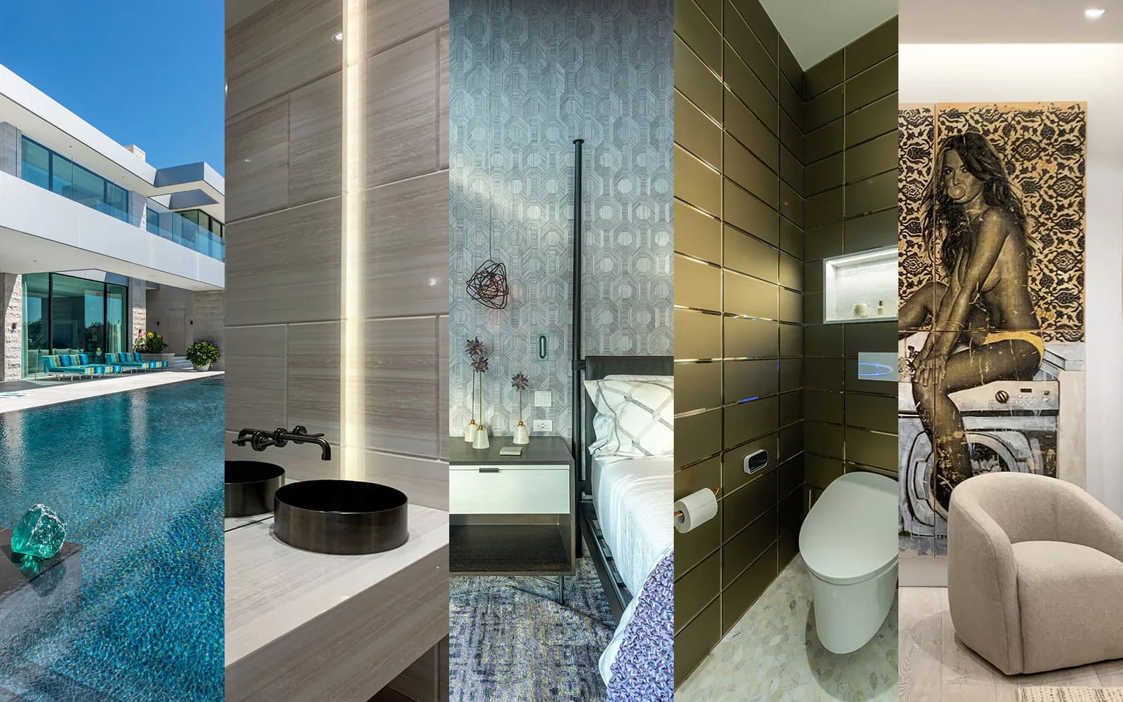 Luxury residential spaces featuring modern bathrooms and pool areas with marble, tile, and gold accents by Penny Hutner.