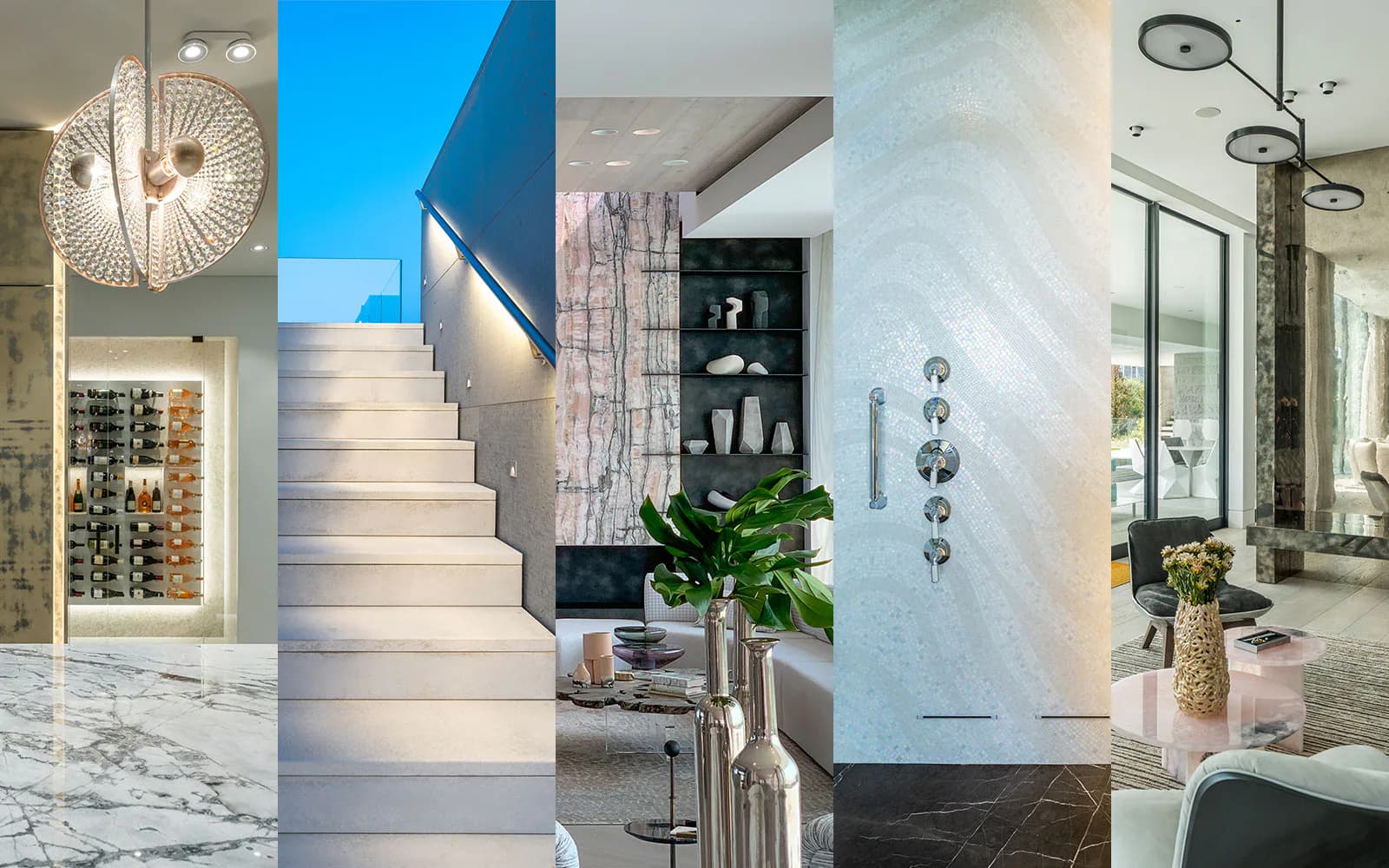 Collage of five luxury interior spaces featuring marble finishes, modern lighting, sleek staircases, and contemporary furnishings by Penny Hutner.
