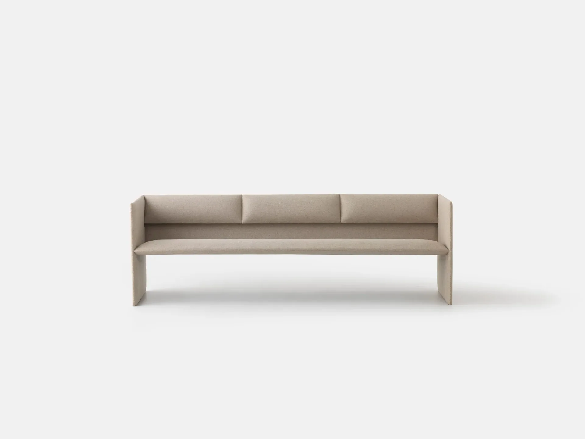 Minimalist beige upholstered bench with high back and armrests, shown against neutral background with subtle shadow, by Philippe Malouin.