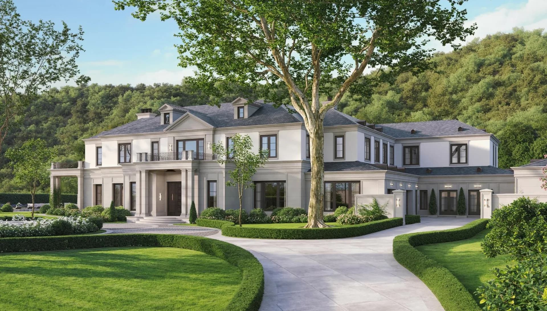 Modern white neoclassical mansion with curved driveway, manicured lawns, and mature trees in landscape setting by Rachel Robarge.