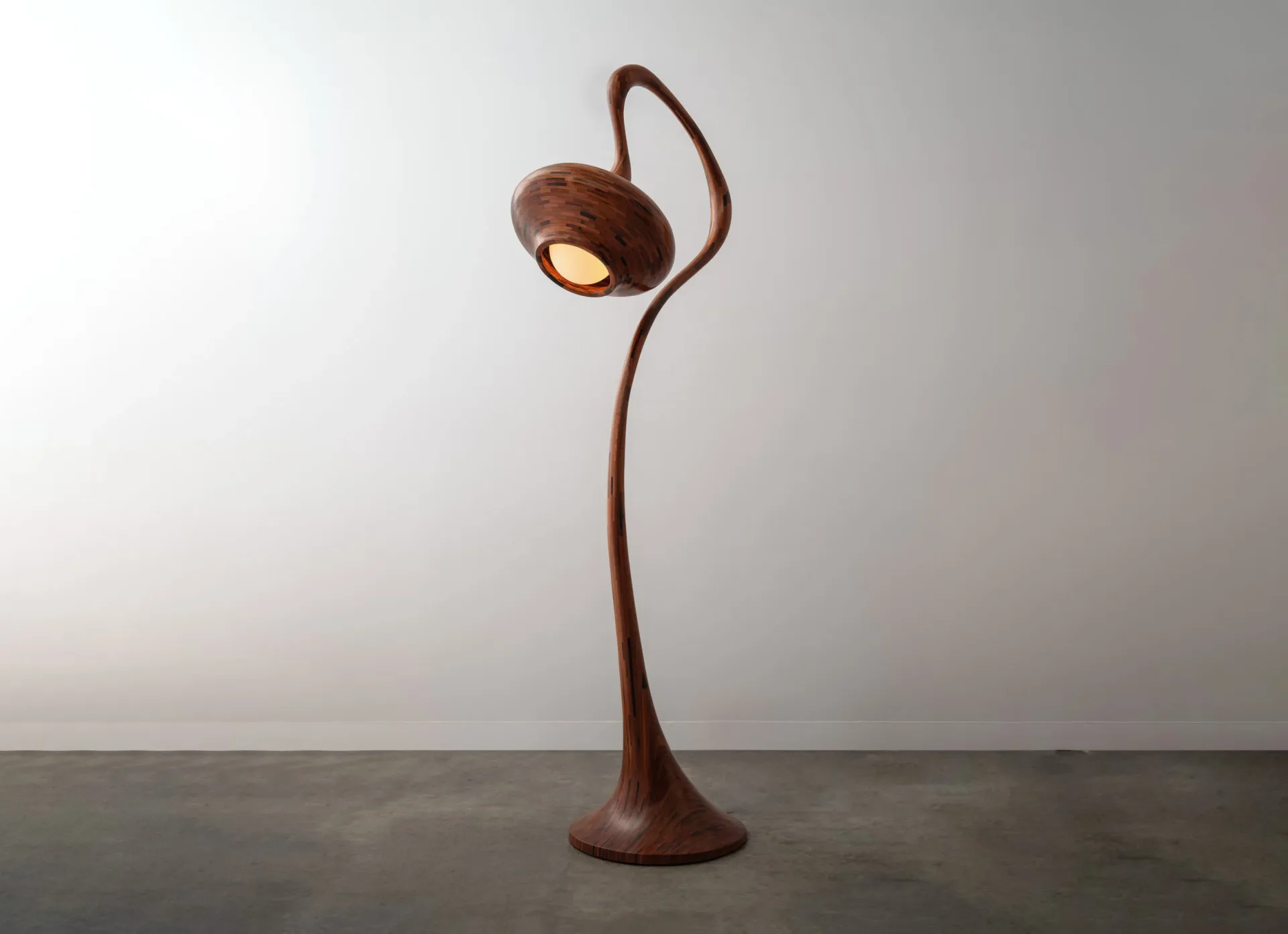 Sculptural floor lamp with curved wooden stem and organic bowl-shaped light fixture in warm bronze tones by Richard Haining.
