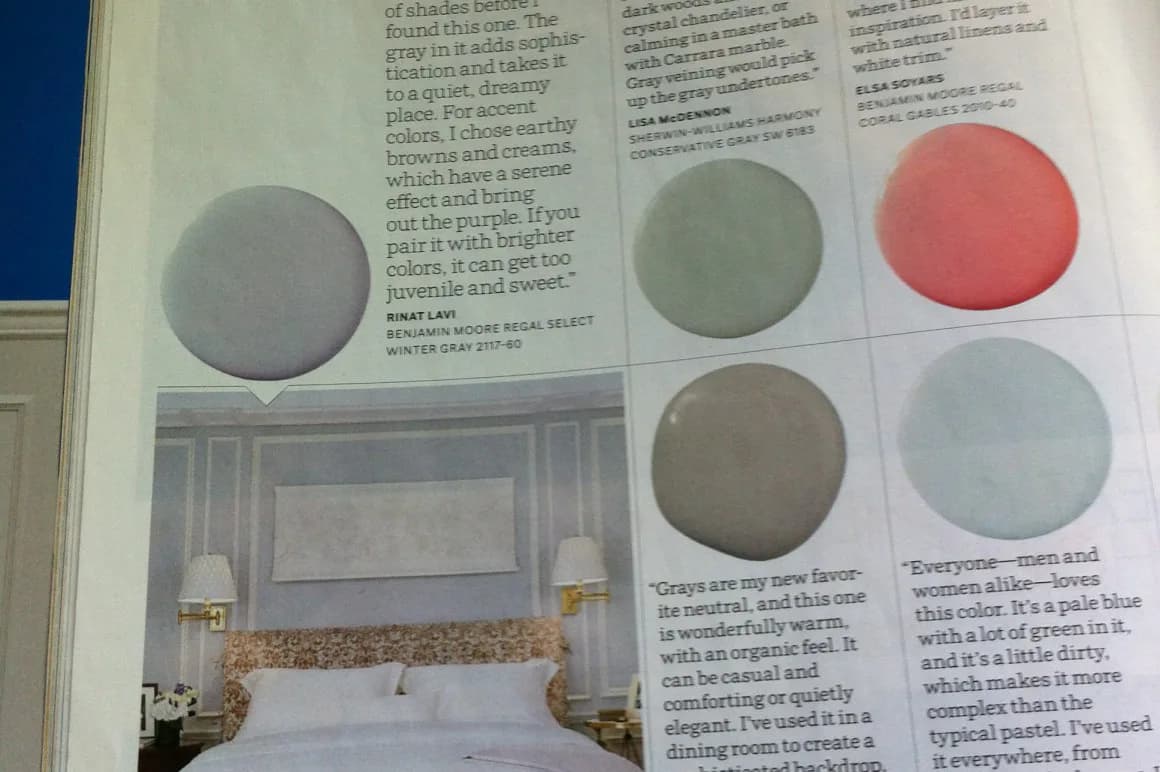 Bedroom interior with woven headboard and pendant lighting, featuring paint color palette samples in soft gray, sage green, coral, and blue tones by Rinat Lavi.