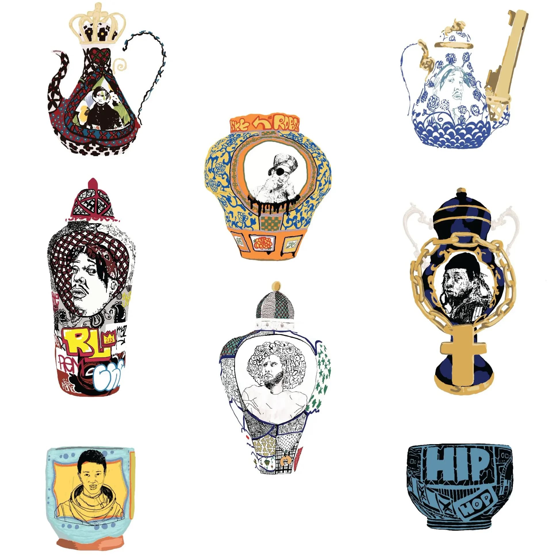 Collection of nine decorative porcelain vessels and teapots featuring ornate patterns, classical motifs, and colorful glazes in blue, gold, and multicolor designs by Roberto Lugo.