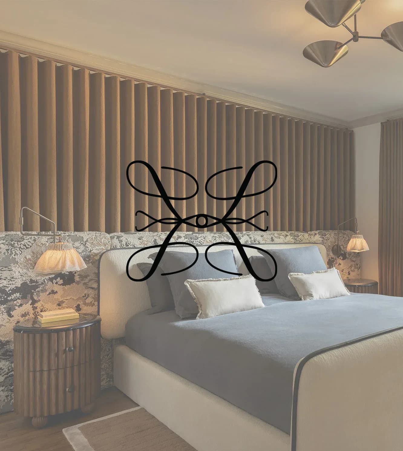 Modern bedroom with cream upholstered bed, vertical wall paneling, warm lighting, and abstract black line art headboard by Roberto Sulic.