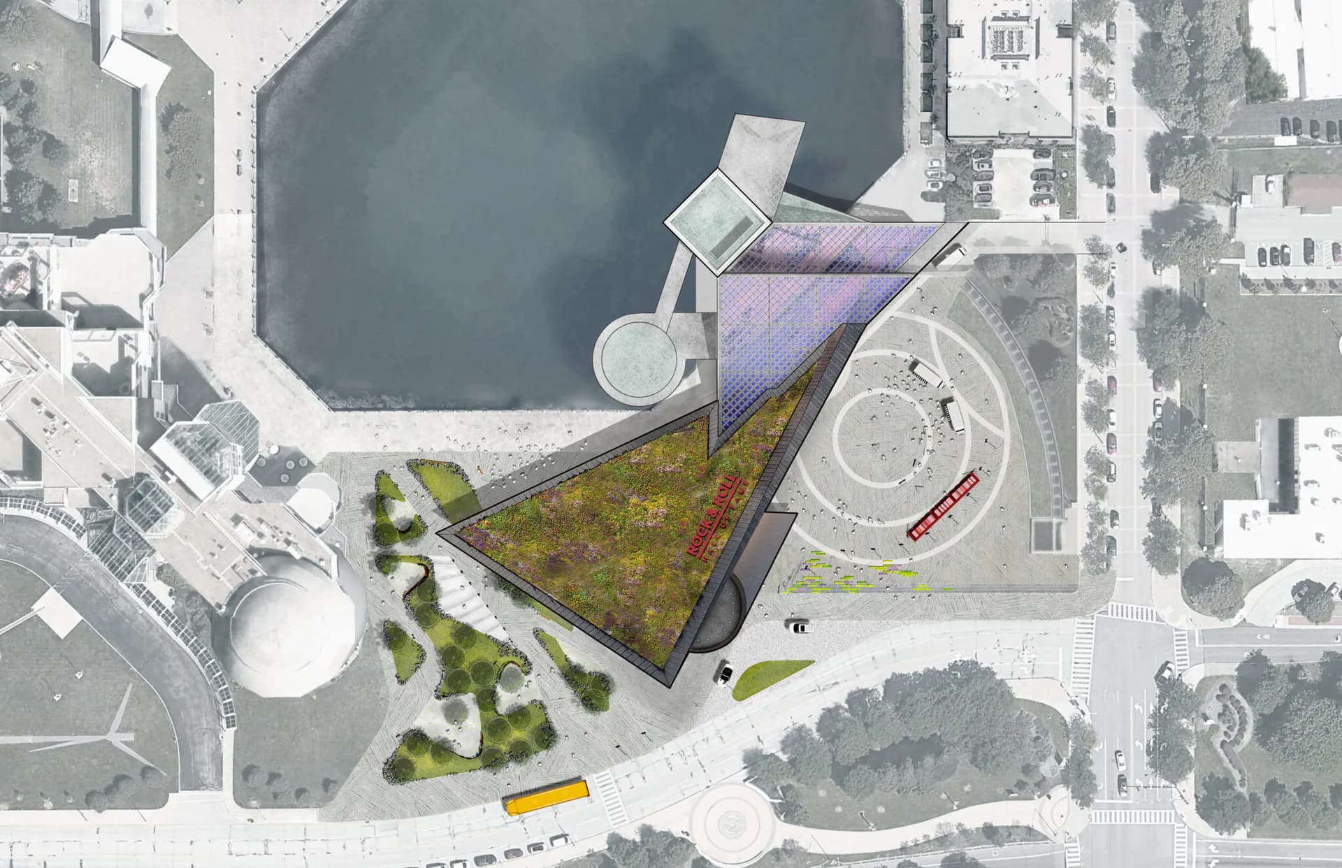 Aerial site plan rendering of a waterfront plaza with triangular green space, purple pavilion structure, curved walkway, and adjacent water feature by Ruchika Modi.