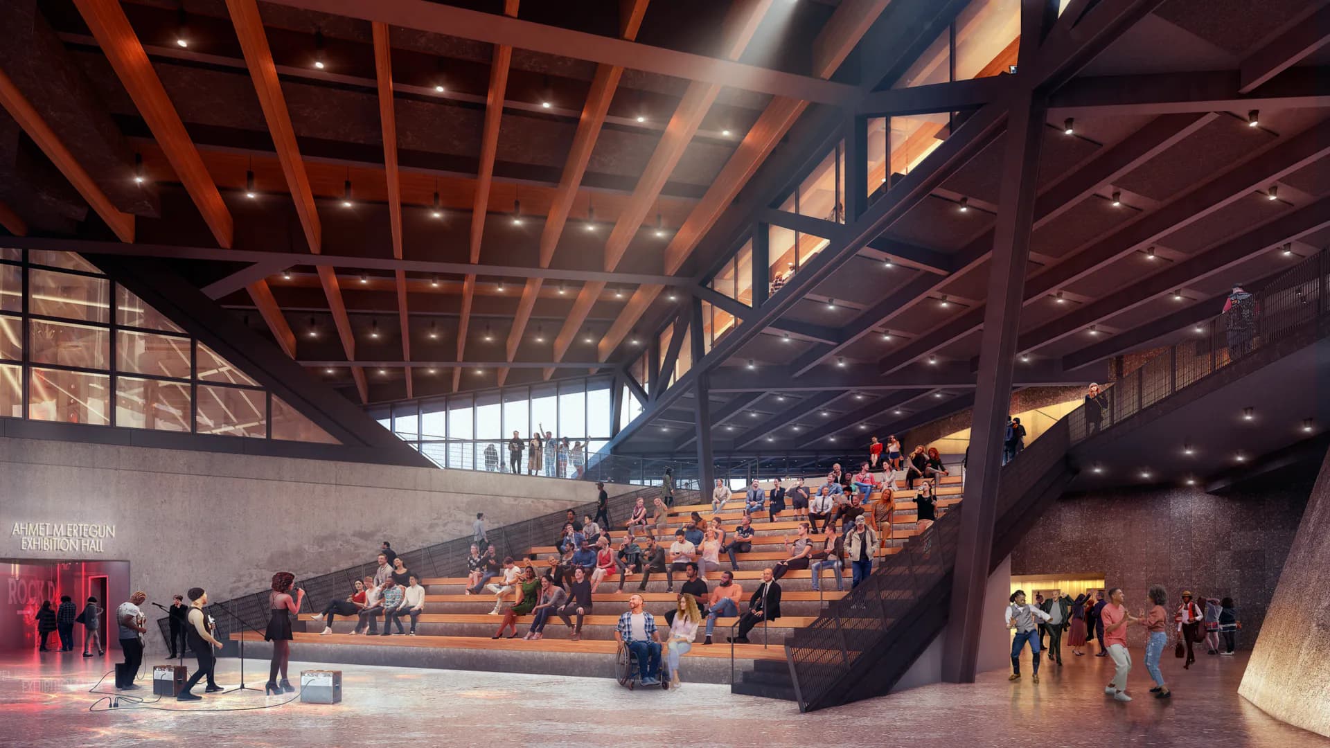 Large public interior with tiered wooden amphitheater seating, dramatic angular architecture, warm lighting, and scattered figures throughout the modern gallery space by Ruchika Modi.