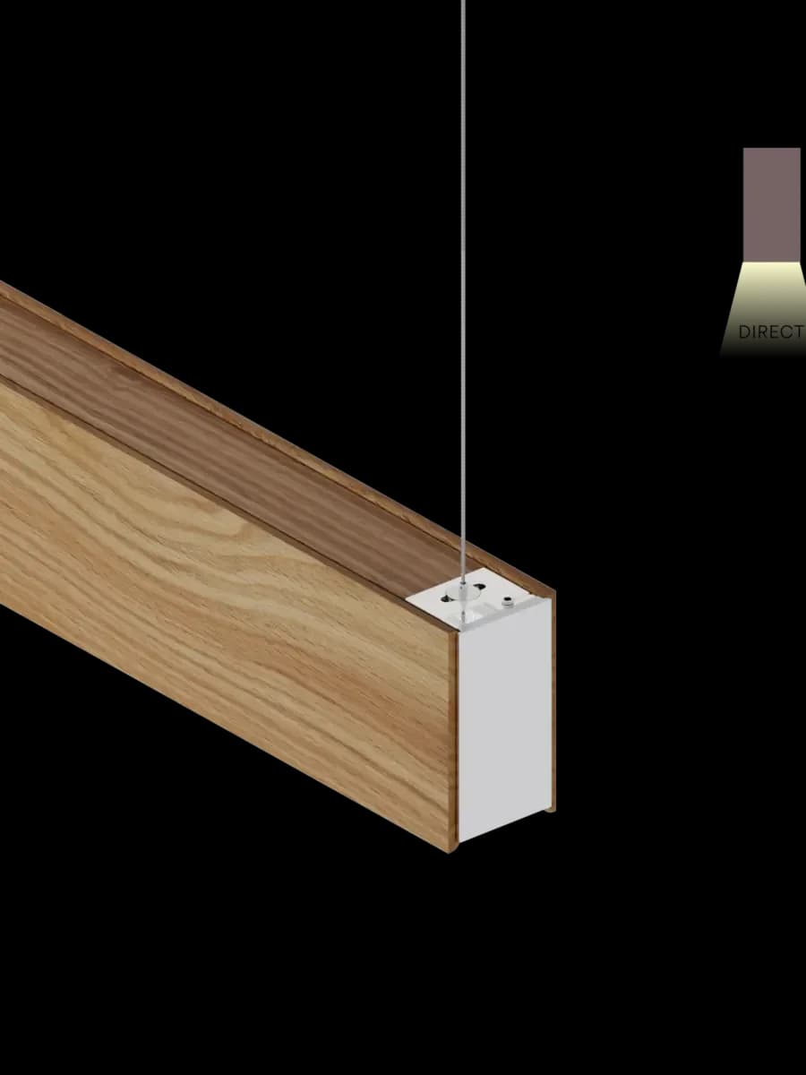 Isometric architectural detail of a wooden beam junction with white connector hardware and suspended cable, by Russell Greenberg.