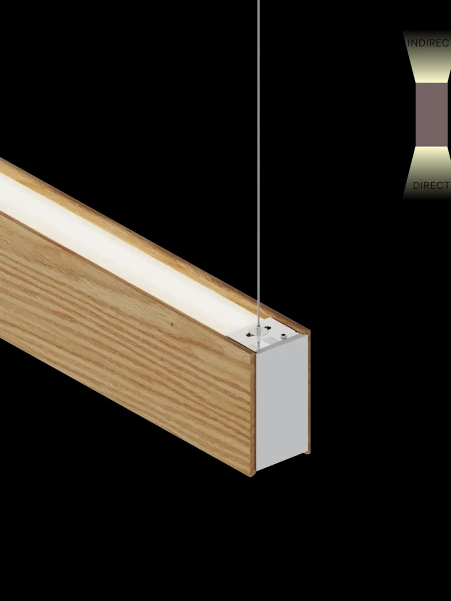Technical detail drawing of a wooden linear pendant light fixture showing direct and indirect lighting components by Russell Greenberg.