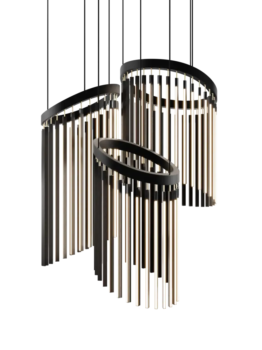 Modern pendant light fixture with cascading vertical metal rods suspended from curved black rings, featuring a monochromatic palette by Russell Greenberg.