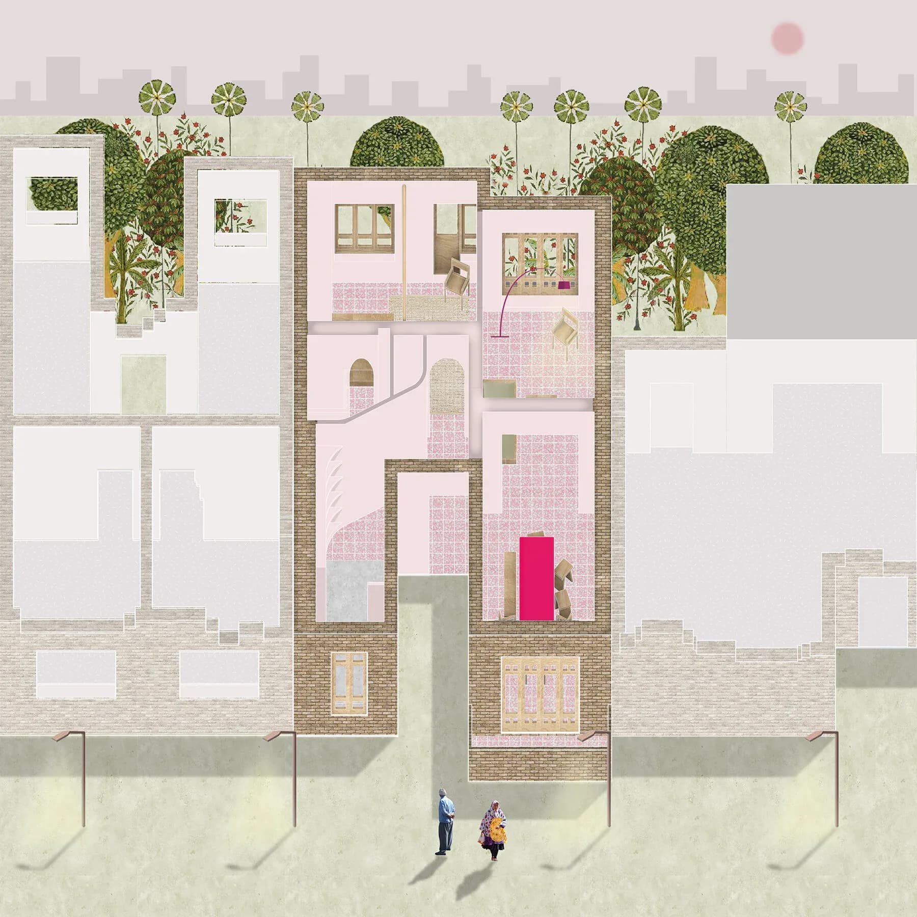 Architectural floor plan and elevation drawing showing a multi-story residential townhouse with pink and brick materials, green rooftop gardens, and street-level figures, by Saba Yazdjerdi.