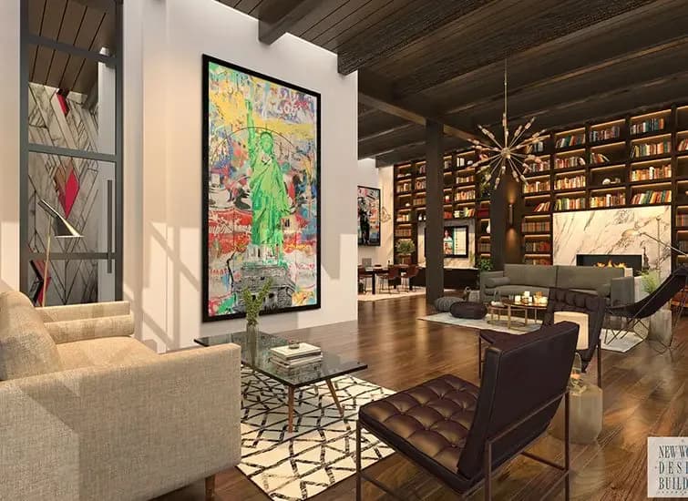 Luxurious loft living space with cream sofa, dark wood ceiling beams, vibrant pop-art wall art, leather chair, and built-in bookshelves, designed by Salvador Juarez.