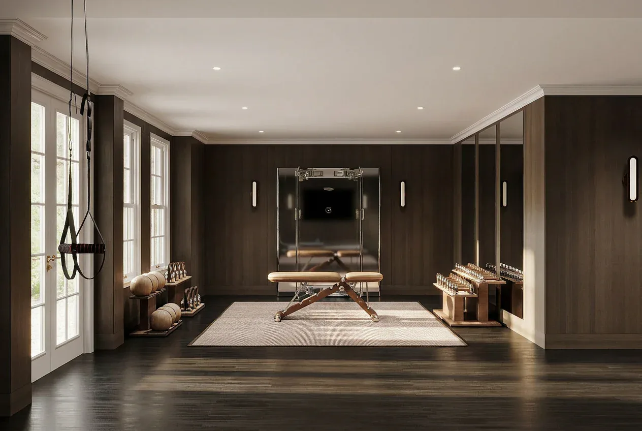 Luxurious dark-paneled master bedroom with polished dark floors, centered bed on geometric rug, wall-mounted TV, brass fixtures, and floor-to-ceiling windows by Sam Kimball.