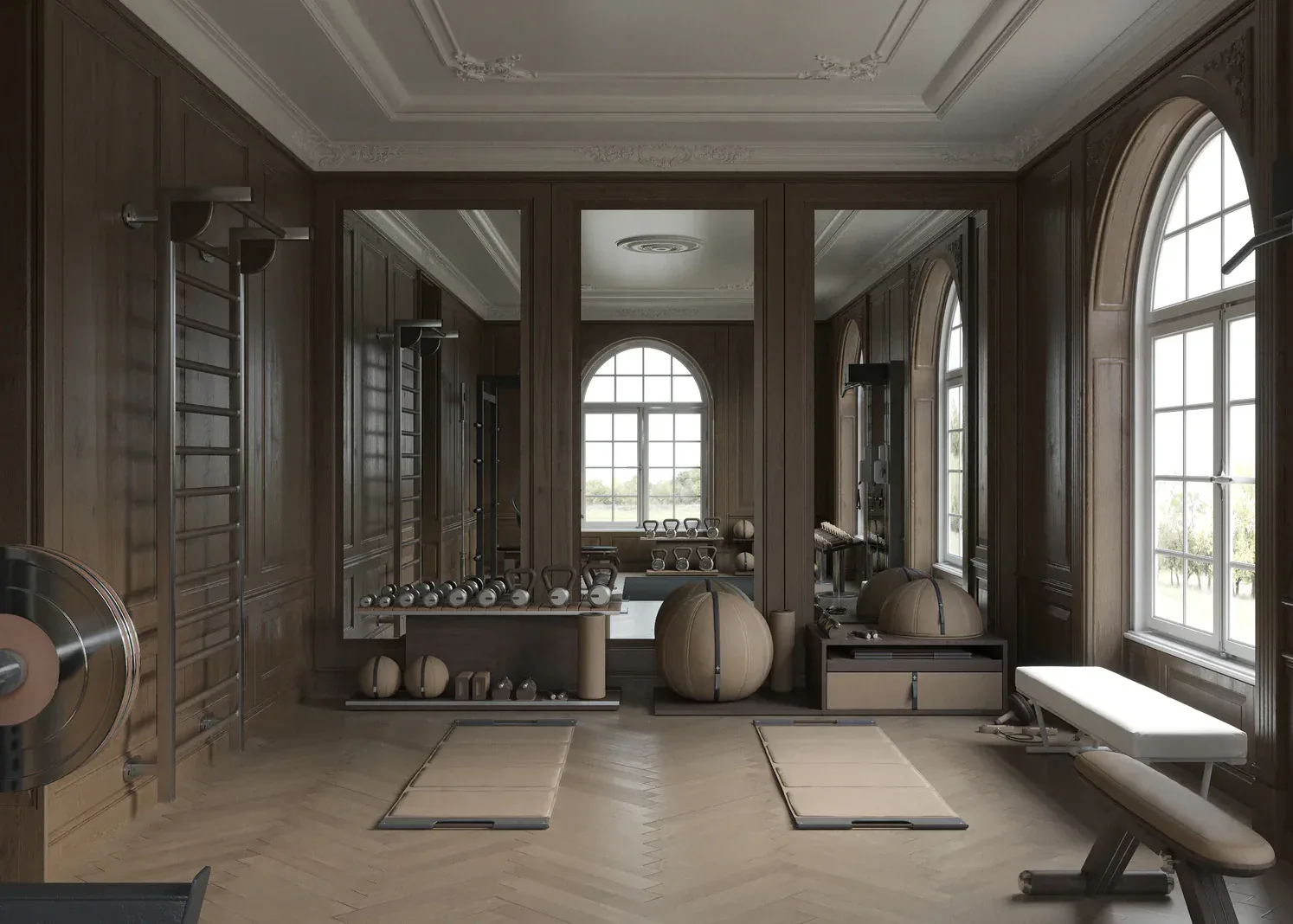 Luxurious home gym with dark taupe walls, arched windows, mirrored closets, exercise equipment, and polished stone flooring by Sam Kimball.