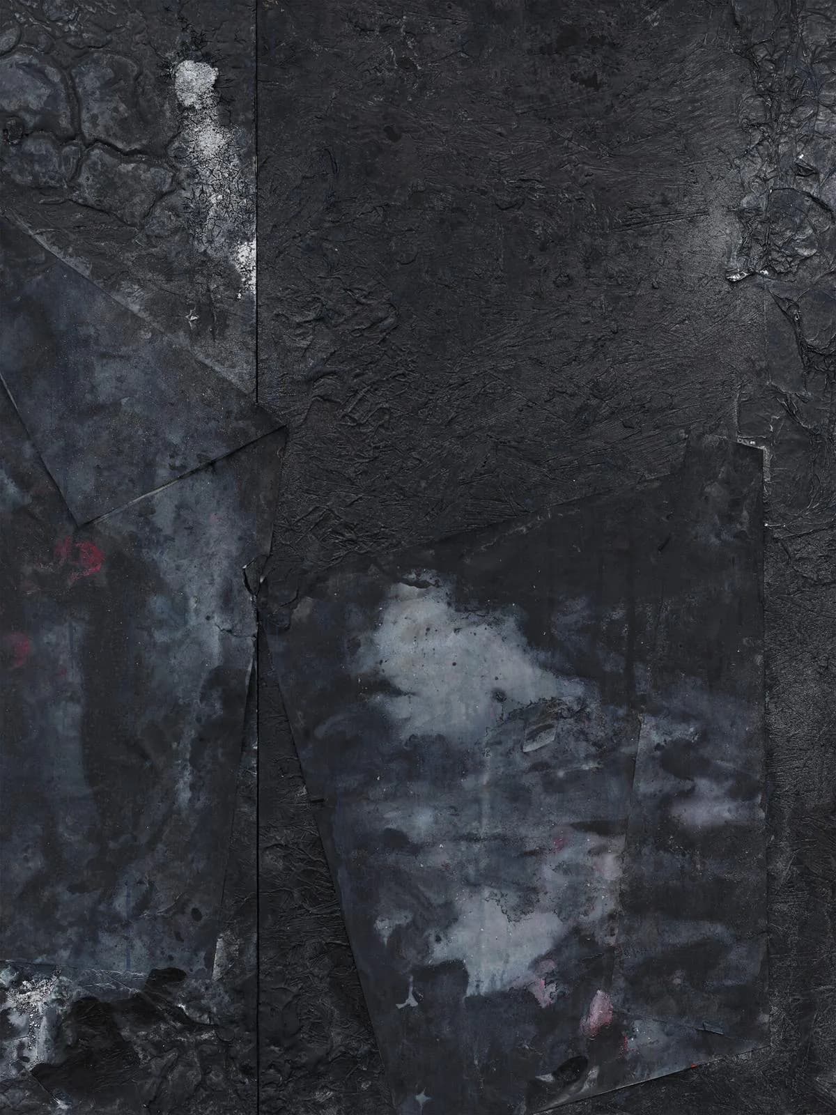 Dark textured wall surface with weathered concrete panels and subtle light gradations, creating moody atmospheric composition by Samuel Ross.