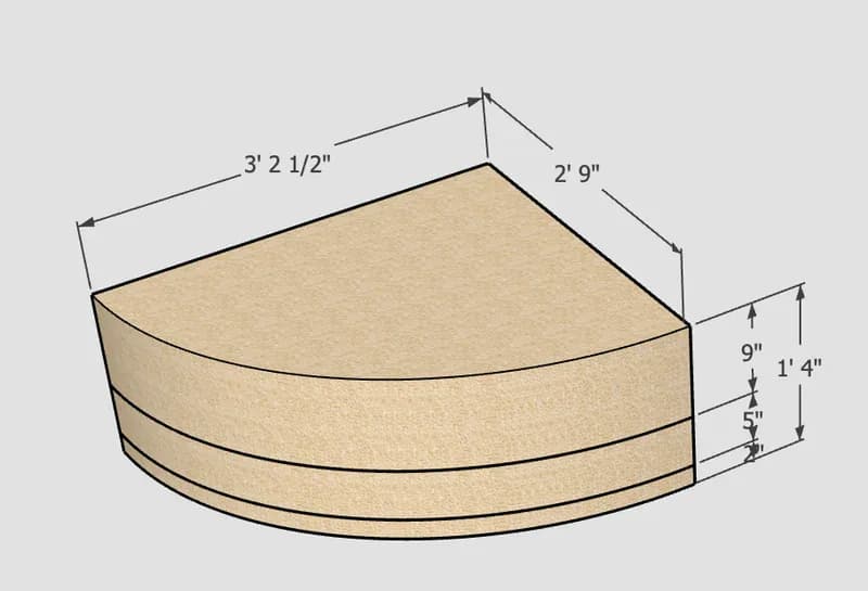 Architectural drawing of a curved cabinetry or furniture piece with dimensions labeled, featuring beige surfaces and curved edges by Sandra Moreno.