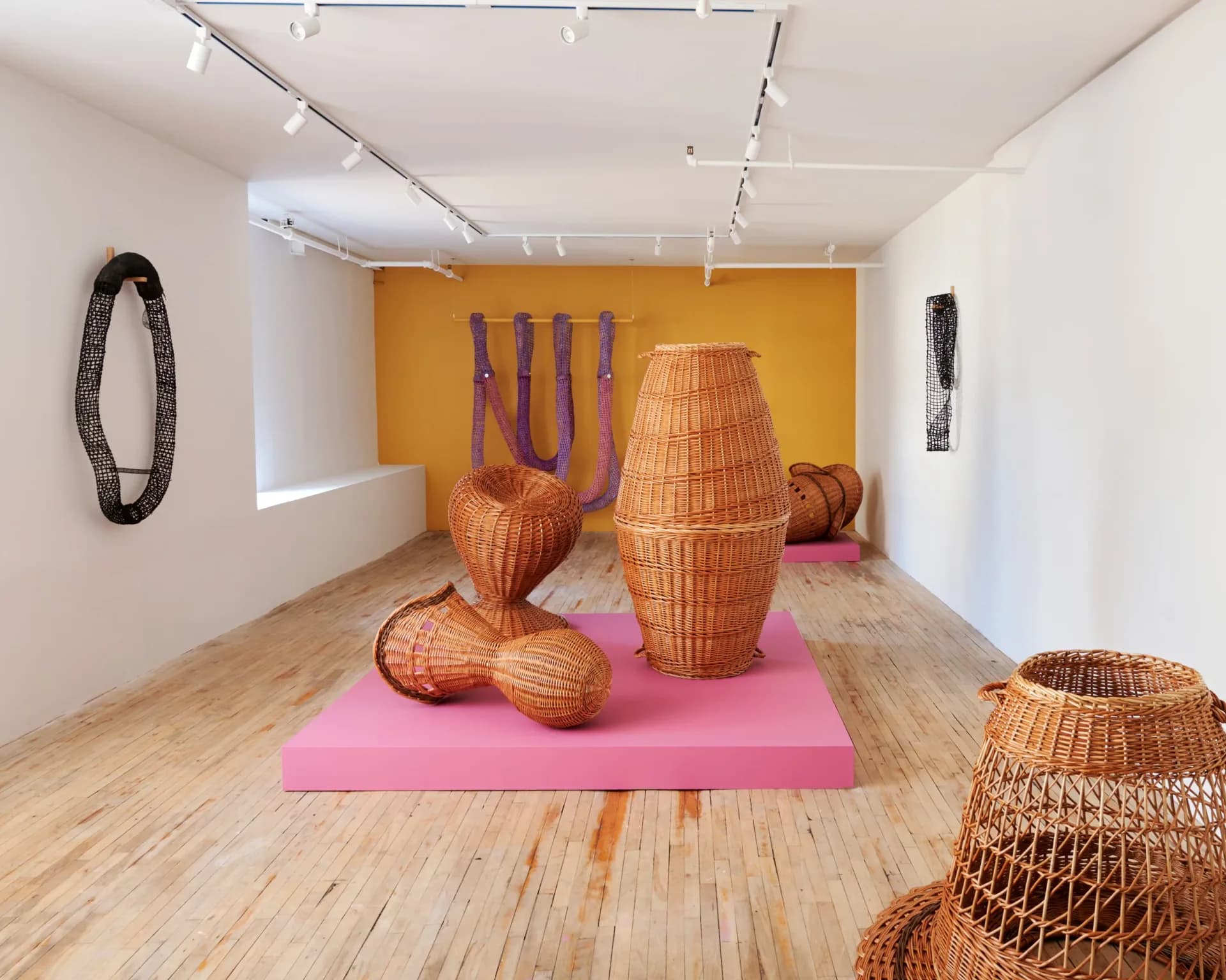 Contemporary gallery installation featuring woven basket sculptures in warm earth tones arranged on a pink platform, with woven wall pieces and minimal gallery lighting by Sarita Westrup.