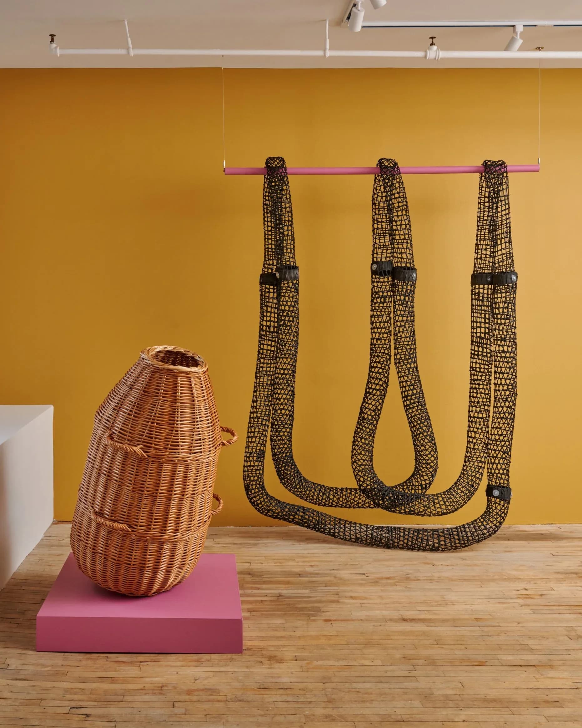 Gallery installation with woven basket on pink plinth and looped woven sculpture suspended from rod against golden yellow wall by Sarita Westrup.