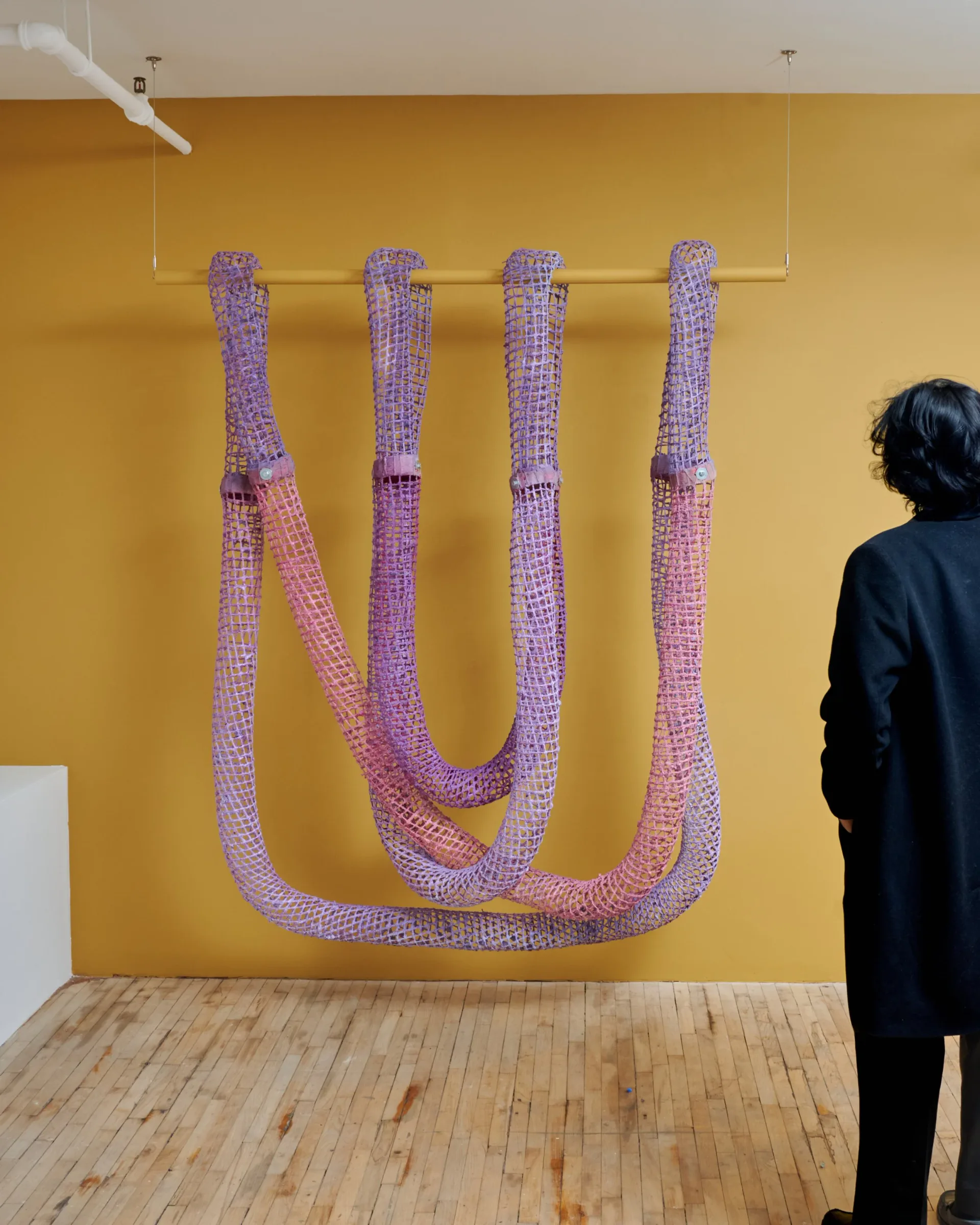 Gallery wall with bold yellow backdrop features a sculptural fiber installation in pink and purple tones by Sarita Westrup.