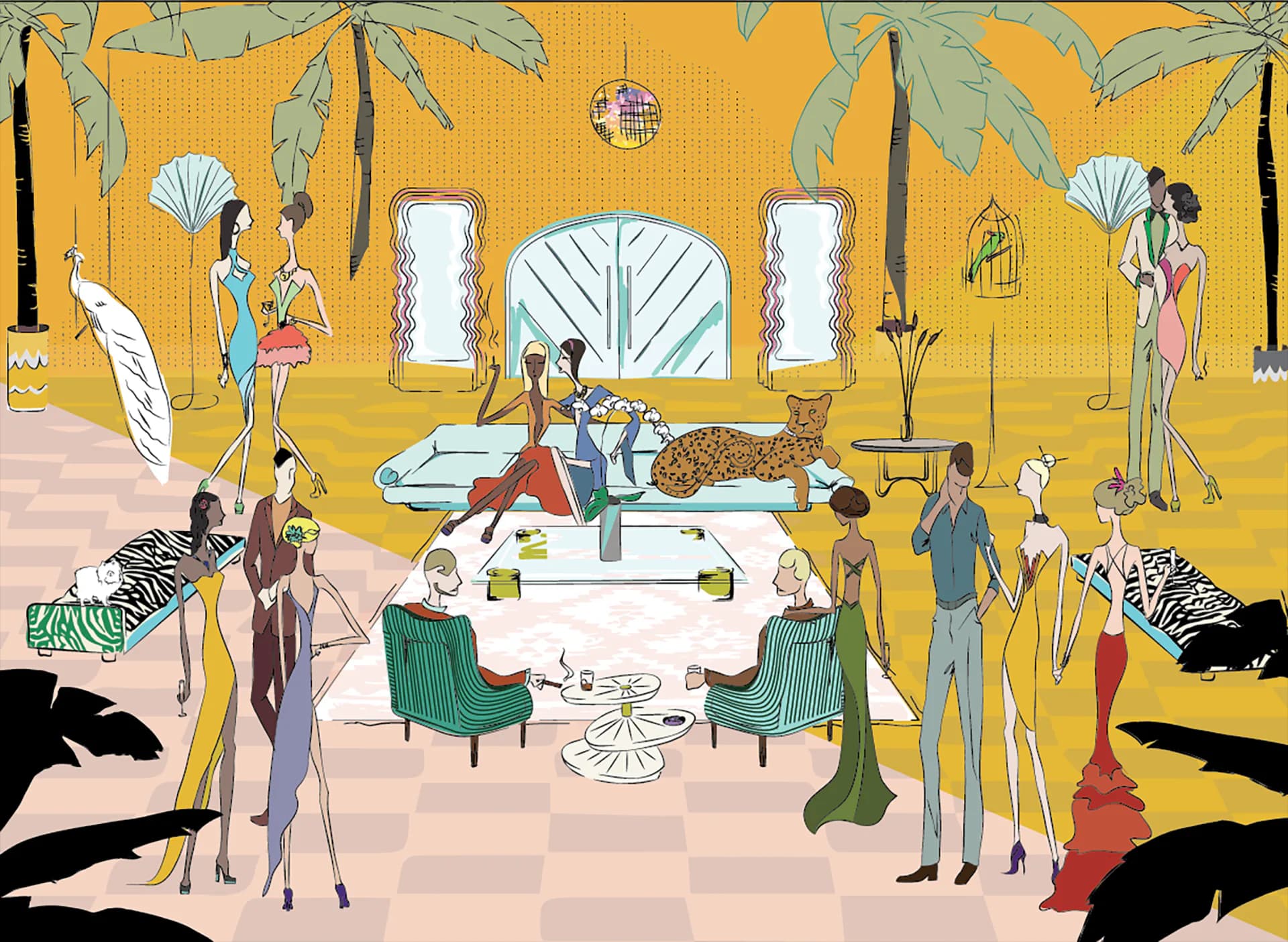 Stylized illustration of a glamorous mid-century interior with yellow walls, lounging figures, tropical plants, and geometric furnishings by Sasha Bikoff.