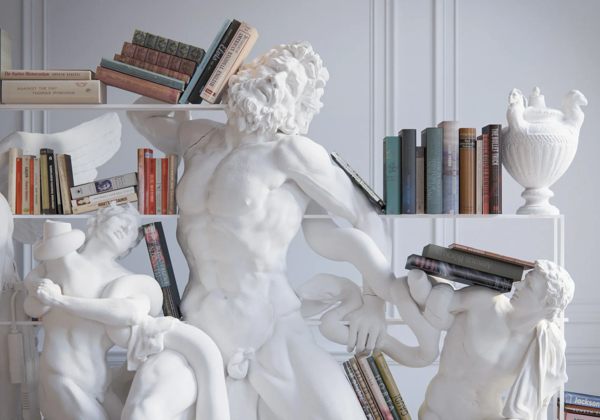 White sculptural bookshelf installation featuring classical busts and urns amid stacked books, creating an artistic display by Sebastian Errazuriz.
