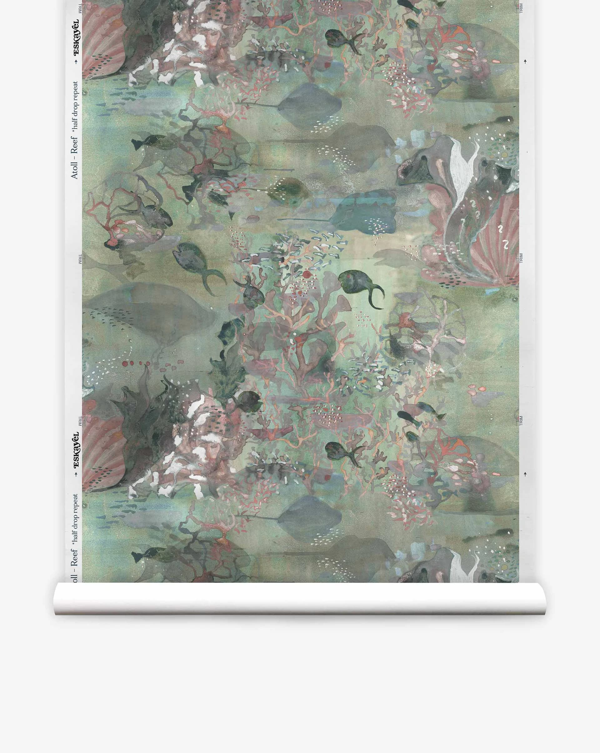Wallpaper design featuring layered botanical and figurative imagery in muted greens, pinks, and blues with ethereal quality by Shanan Campanaro.