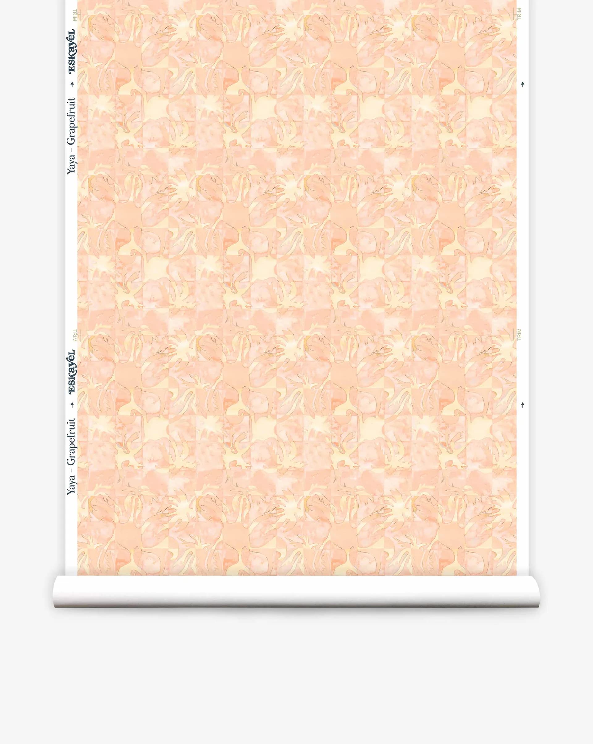 Peach-toned wallpaper with delicate floral and botanical motifs in soft cream and gold accents by Shanan Campanaro.