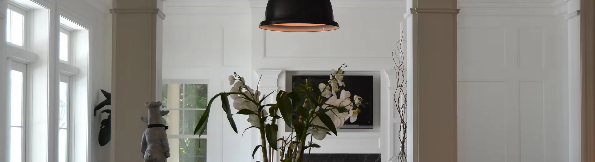 Minimalist entryway with white walls, tall columns, black pendant light, and potted plants on a console table by Sharon Nizolek.