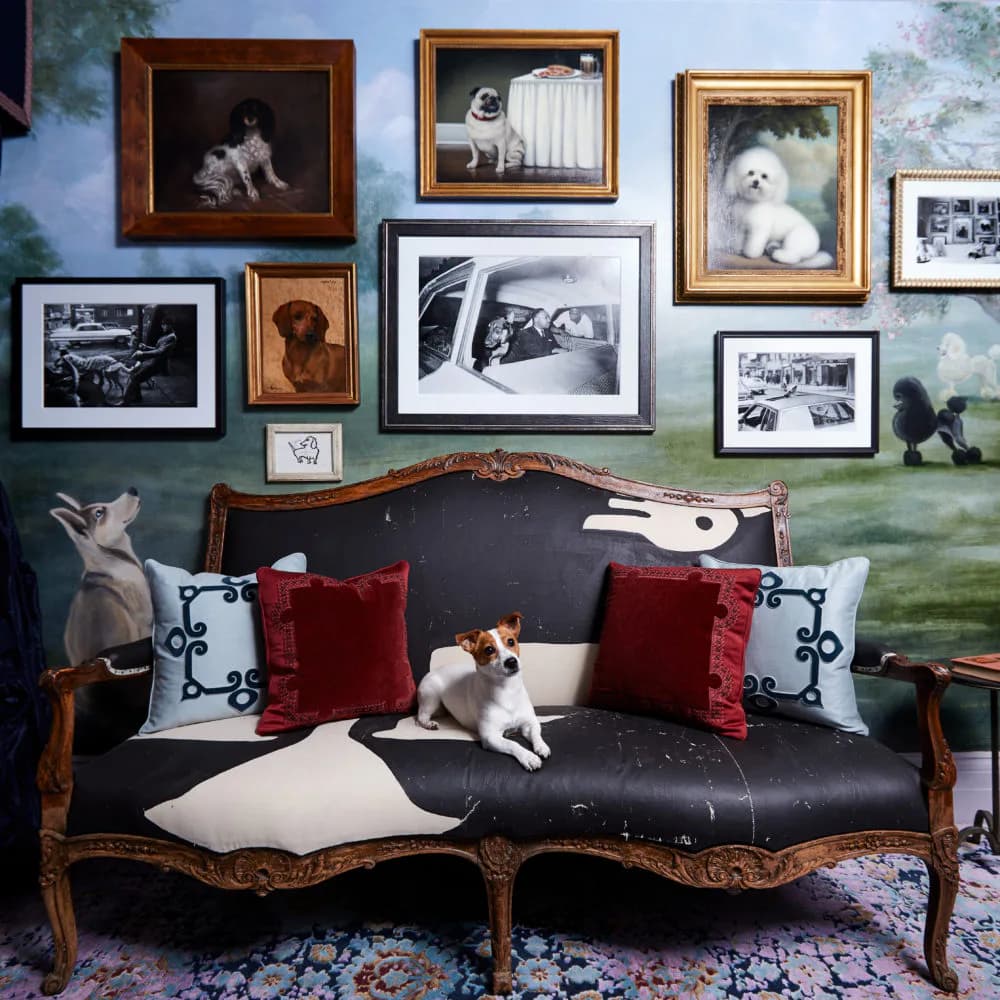 Ornate wooden daybed with black upholstery and red velvet pillows, styled with dog photography gallery wall and decorative pillows in a jewel-toned interior by Sheila Bridges.