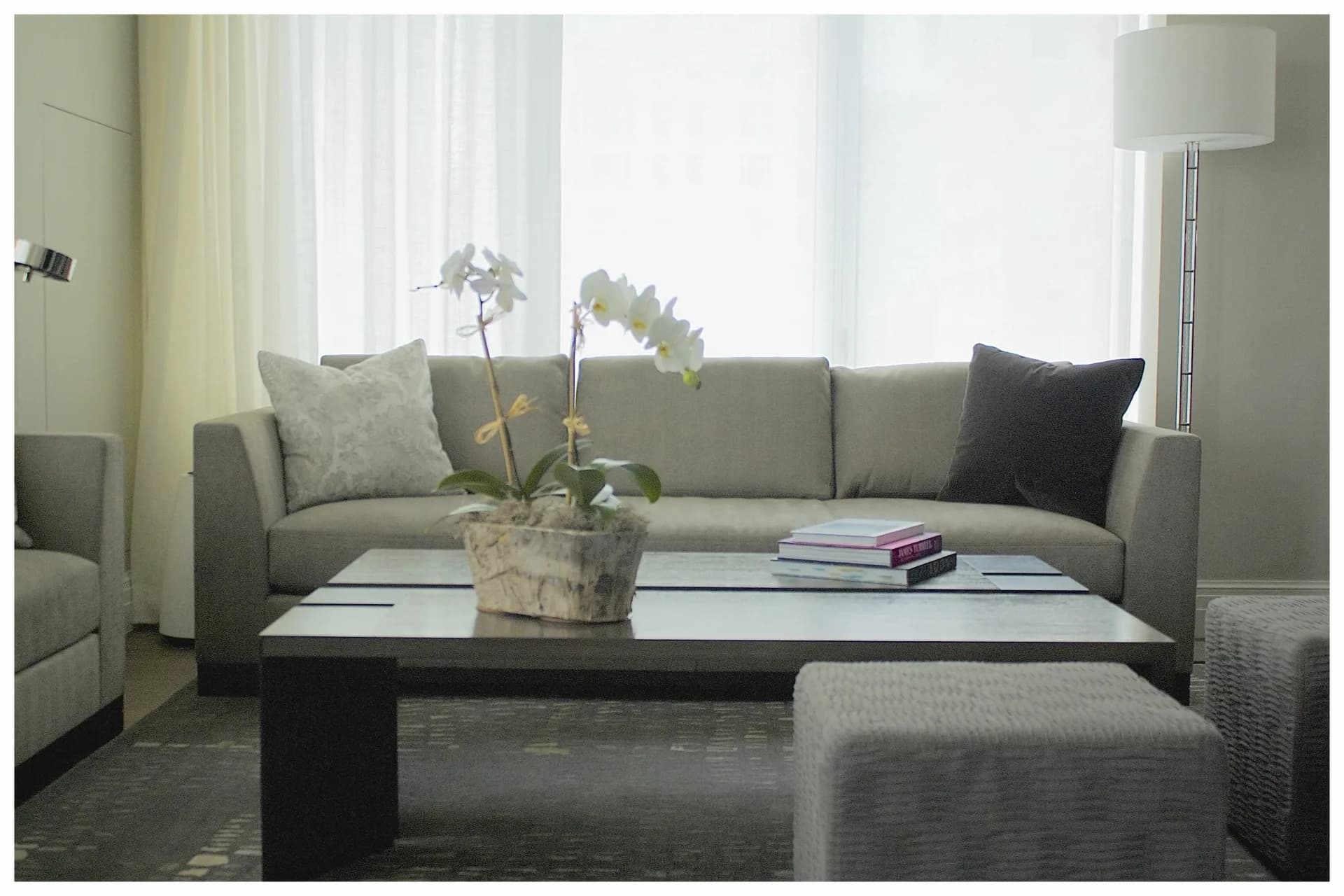 Modern living room with gray upholstered sofa, black coffee table, light wood accents, and orchid arrangement, designed by Sherry Brous.