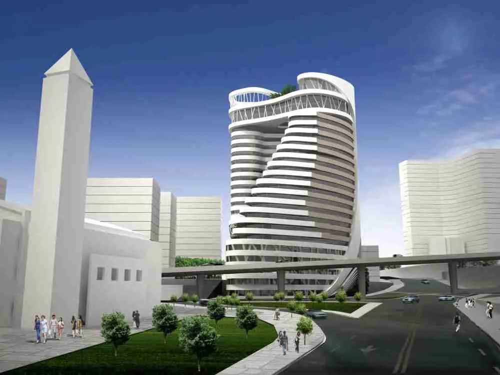 Architectural rendering of a modern mixed-use development featuring a curved striped tower, geometric white buildings, landscaped plaza with trees, and street-level activity by Bassel Shihab.