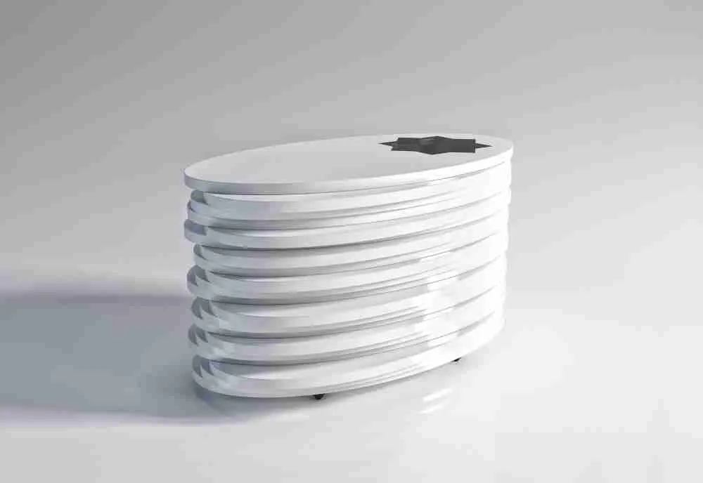 Stacked white curved architectural forms with a small dark metallic element on top, displayed against a neutral background by Bassel Shihab.