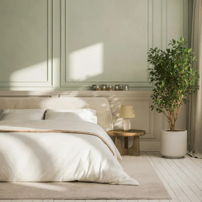 Minimalist bedroom with soft natural light, white bedding, neutral palette, wooden floor, potted plant, and paneled walls by Simi Avidan.