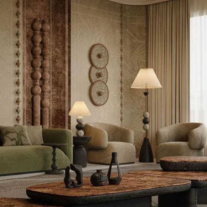 Luxurious living room with curved upholstered seating, warm earth tones, decorative wall panels with geometric patterns, sculptural accessories, and ambient lighting by Simi Avidan.