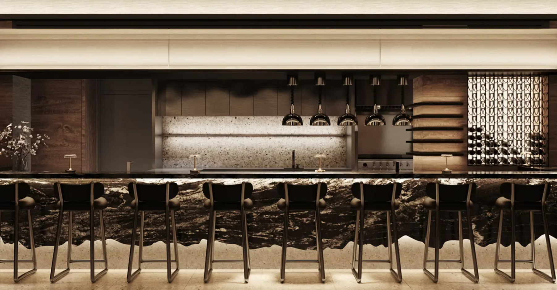 Modern bar interior with dark wood paneling, brass linear lighting, and sculptural black chairs along a continuous counter, designed by Soojin Kim.