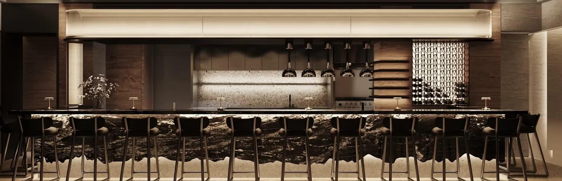 Modern black bar interior with sleek seating, warm lighting, and minimalist design aesthetic by Soojin Kim.