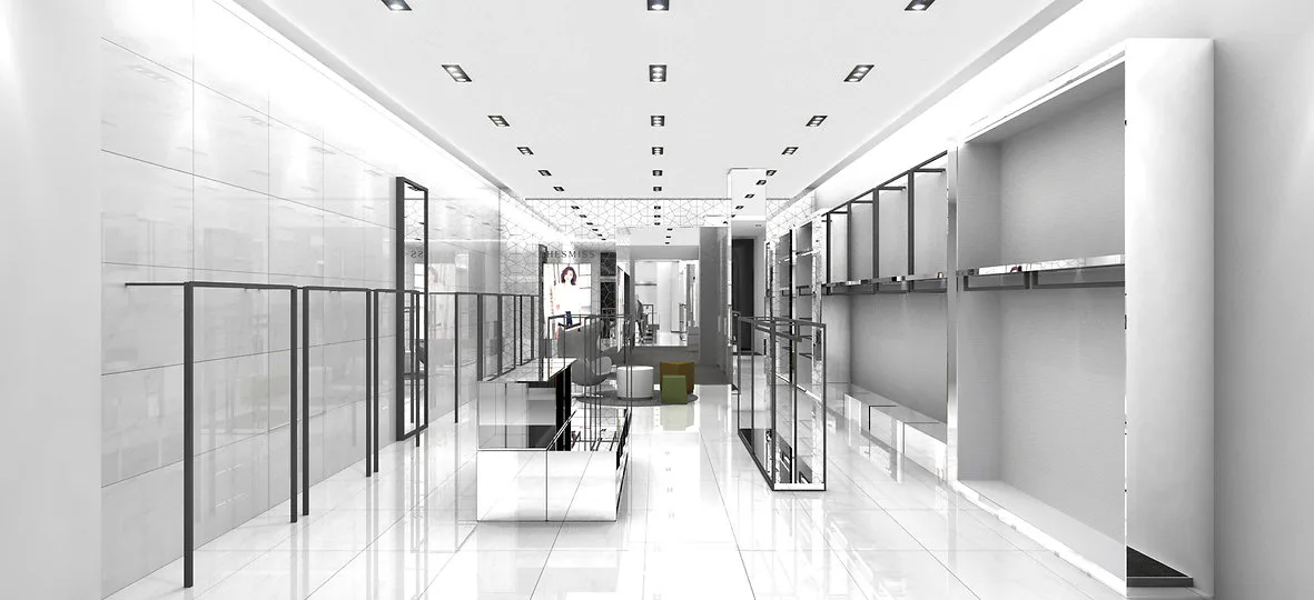 Minimalist retail showroom with white walls, glass partitions, and recessed ceiling lights creating a clean, gallery-like aesthetic by Soojin Kim.