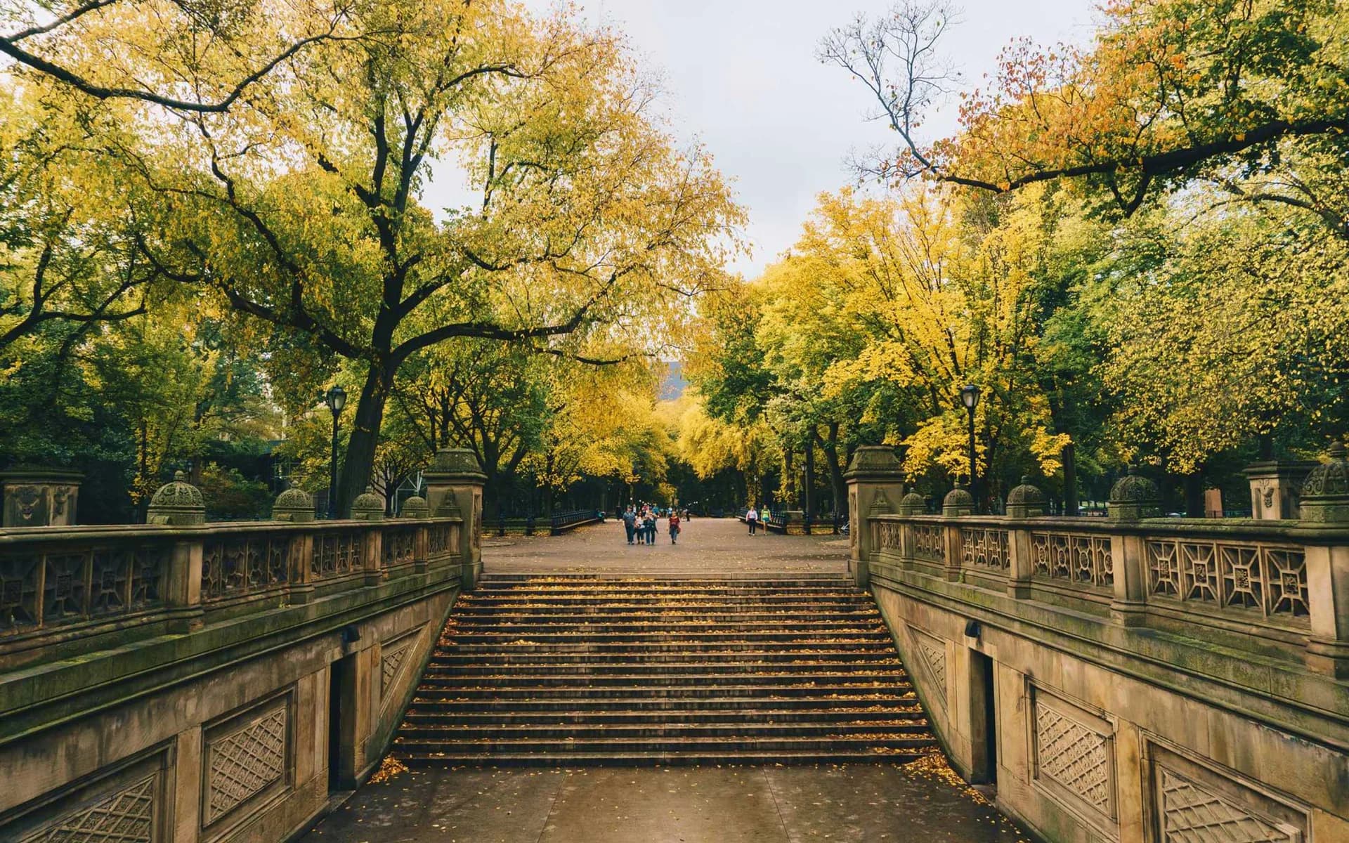 Stone bridge with symmetrical staircases lined by ornate railings, flanked by autumn trees with golden foliage, creating a formal classical landscape by Stacey Gilles.