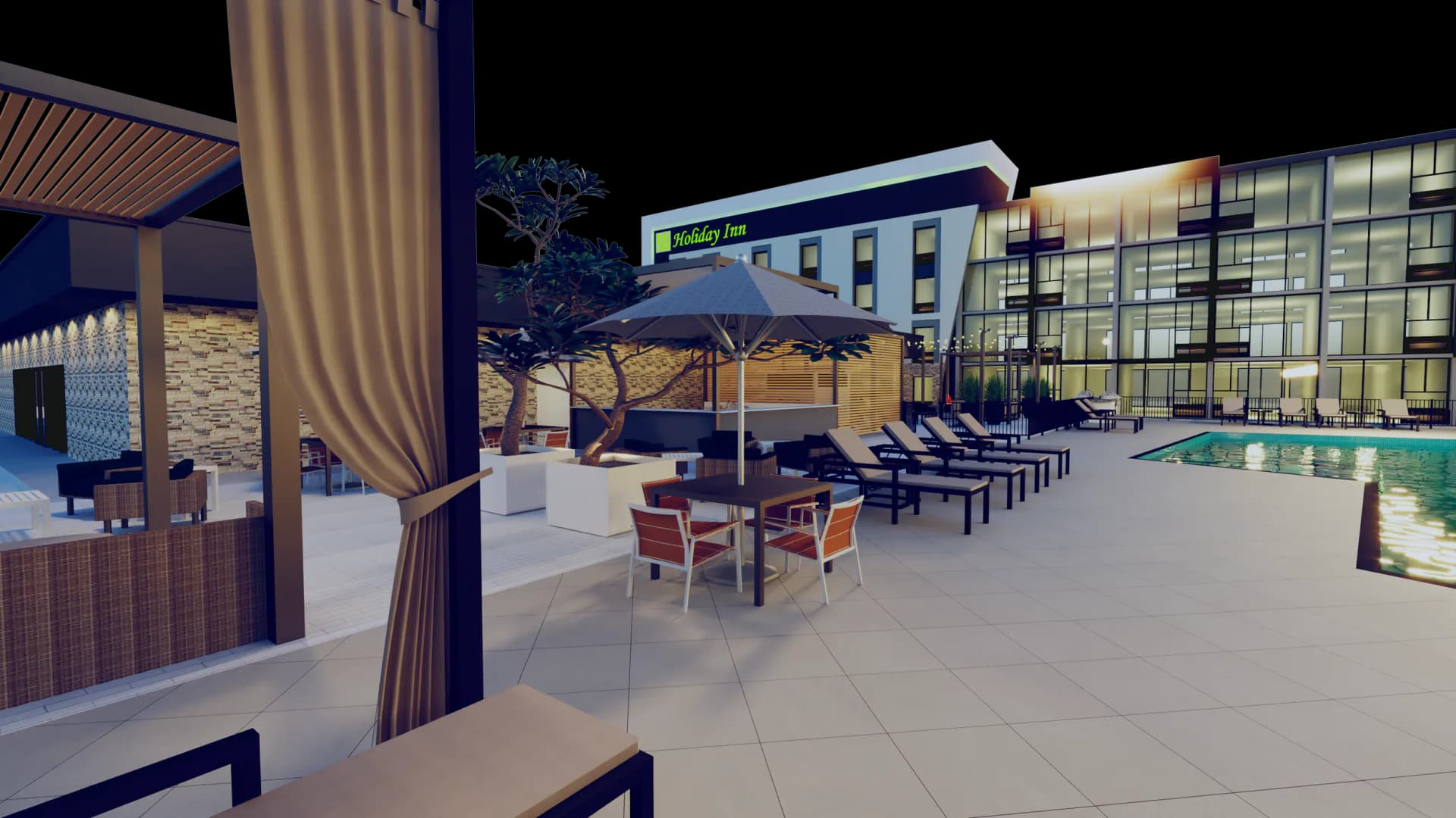 Modern hotel courtyard with lounge seating, umbrellas, pool, and contemporary building facade by Stacie Perry.