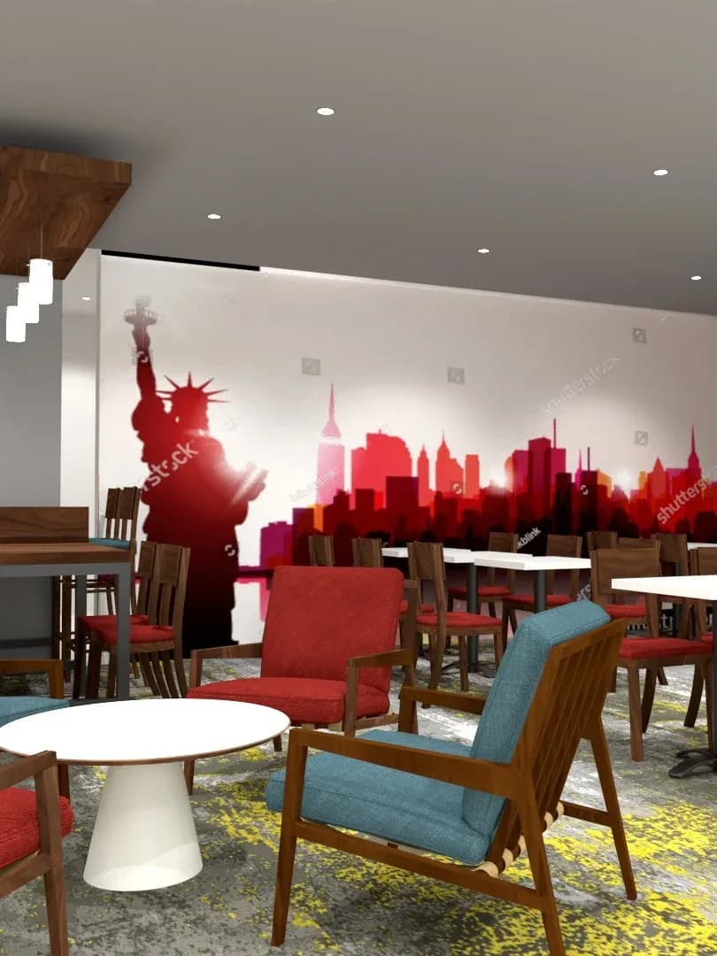 Modern lounge interior with red NYC skyline silhouette mural, mid-century wood furniture, red and blue upholstered seating, white round table, and geometric patterned flooring by Stacie Perry.