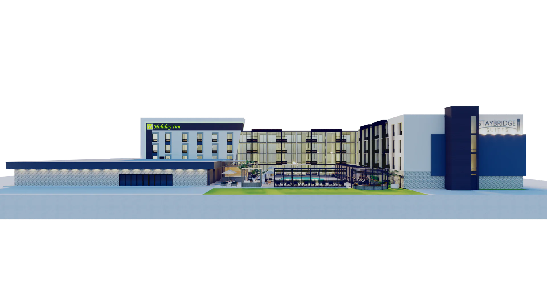 Architectural elevation rendering of a modern industrial complex with multi-story structures in blue and white, featuring connected buildings and landscaping by Stacie Perry.