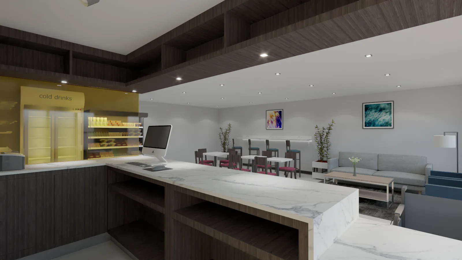 Modern retail showroom with marble counters, dark wood cabinetry, yellow display shelving, and minimalist furnishings designed by Stacie Perry.