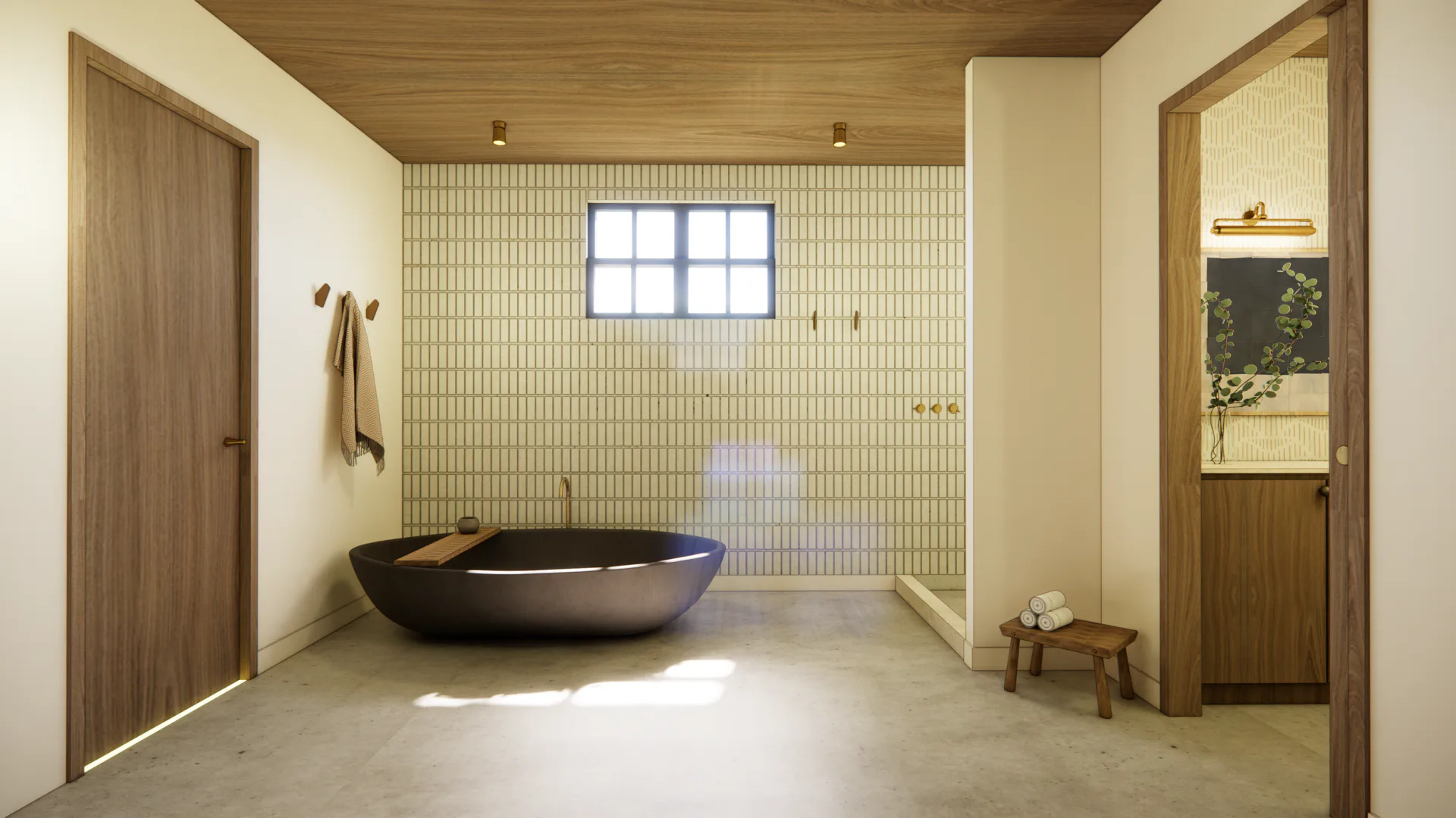 A minimalist spa bathroom with a sculptural black soaking tub, green tile wall, wooden doors, and natural light from a gridded window, designed by Stephanie Betesh.