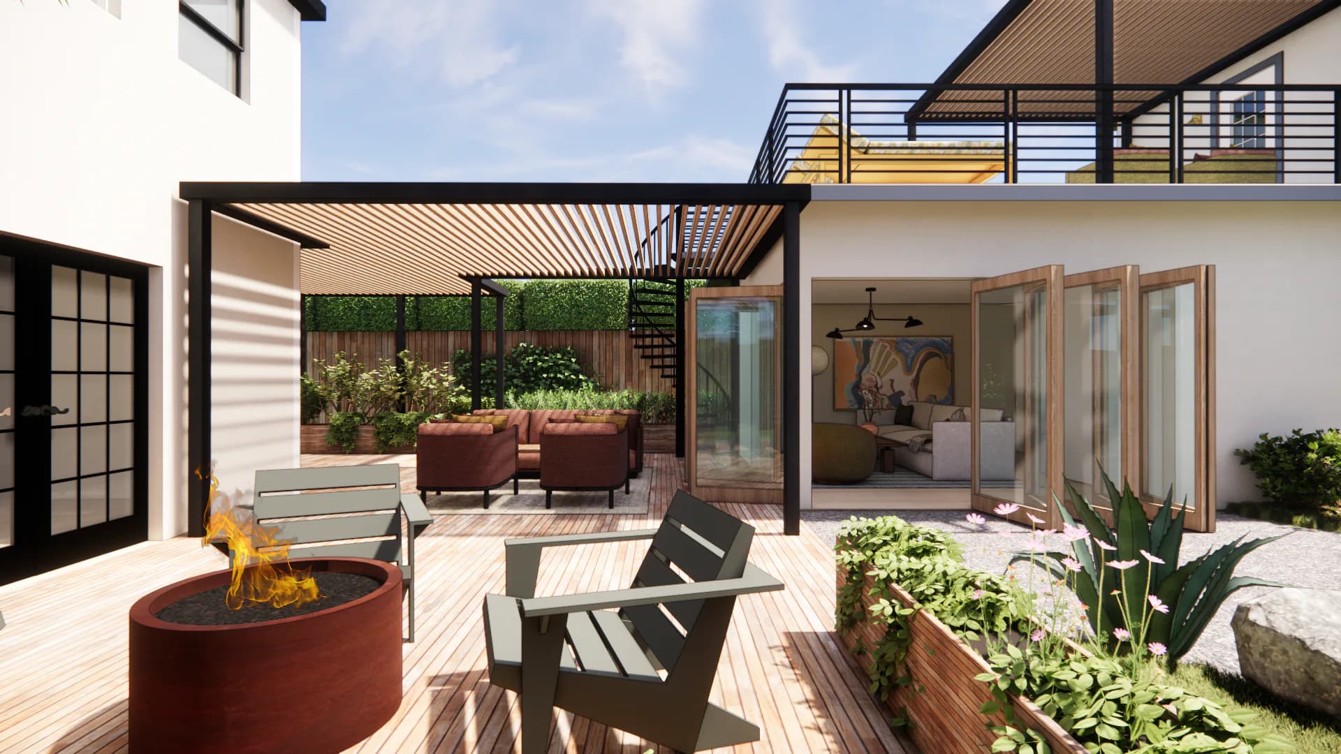 Modern residential courtyard with wooden deck, planter boxes, lounge chairs, and multi-story white building with steel pergolas and large glazed doors by Stephanie Betesh.