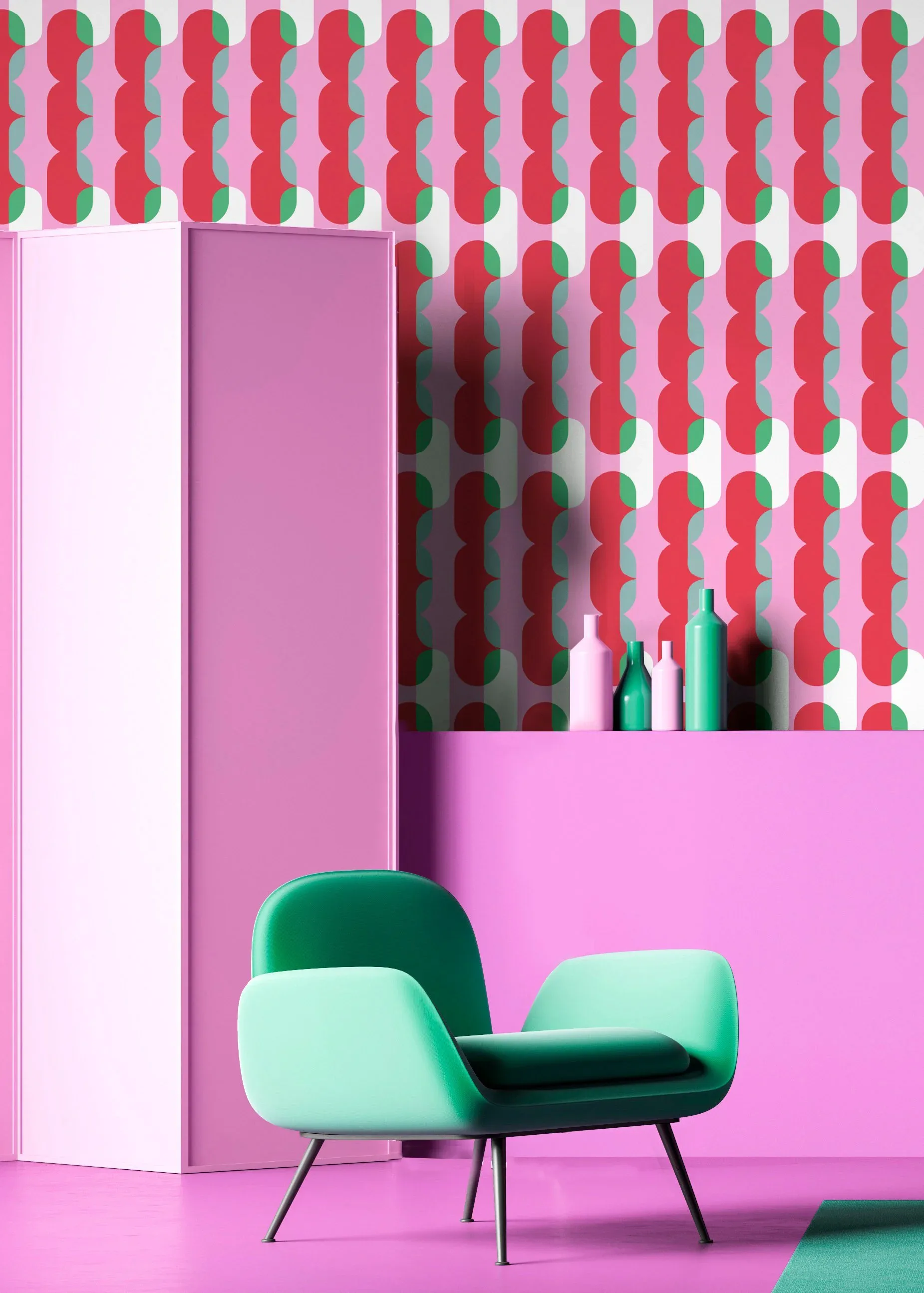 A vibrant interior space with pink walls and a geometric patterned wall featuring red and green circles, displaying a modern mint-green and dark-green armchair with metal legs by Stephanie Eventov.