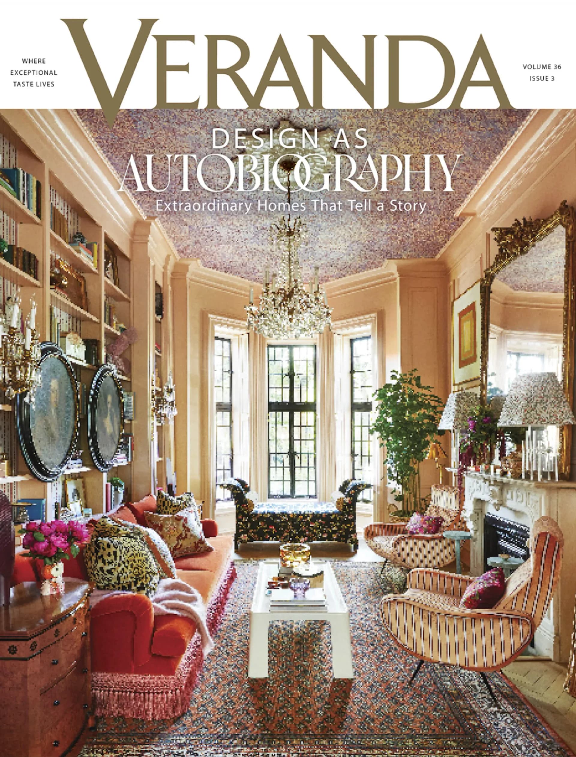 Luxurious living room with peach walls, patterned ceiling, brass shelving, red seating, and tall arched windows by Stephanie Odegard.