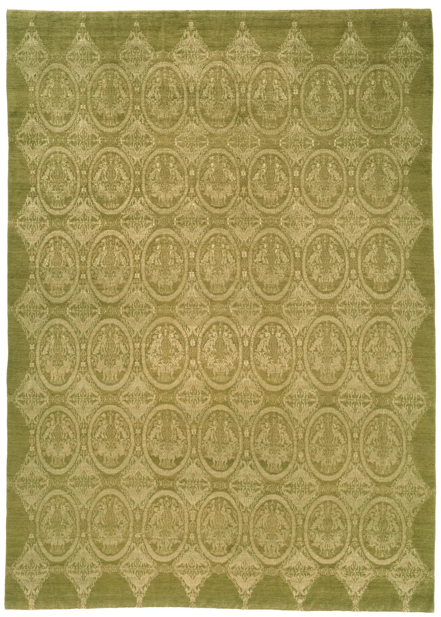 Geometric patterned carpet in olive green and cream tones featuring repeating oval medallions arranged in grid formation by Stephanie Odegard.