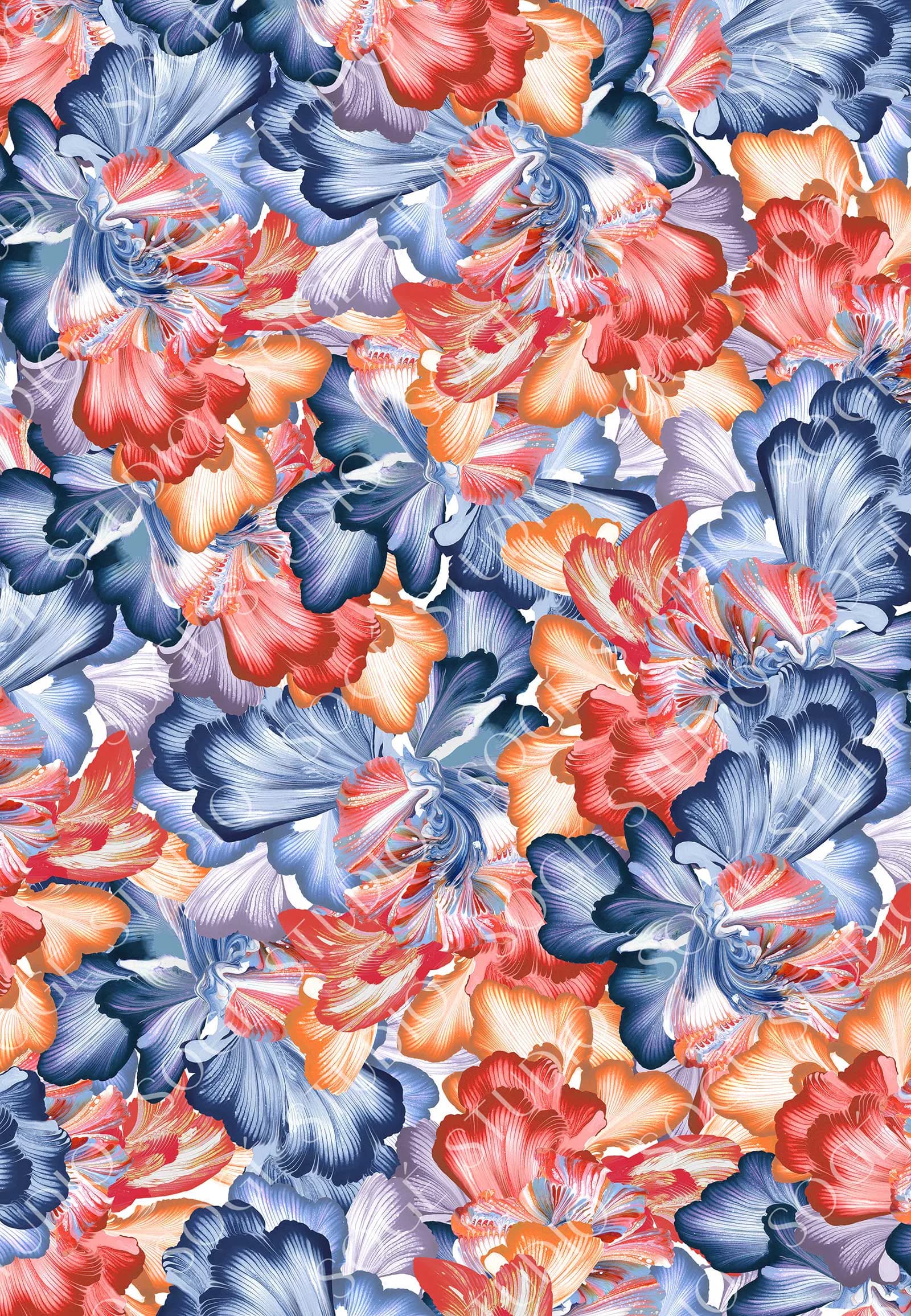 Vibrant floral pattern featuring overlapping red, orange, and navy blue blooms with detailed petal work and gradient shading by Stephanie Ogé.